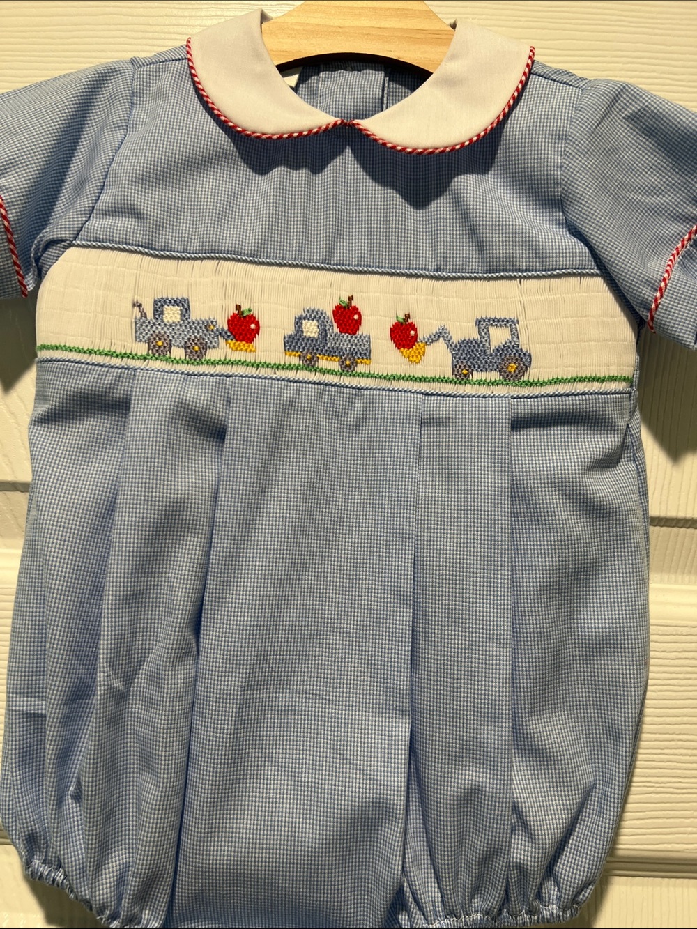 Edgehill Collection Blue Smocked Bubble Romper with Tractor & Apple Motif